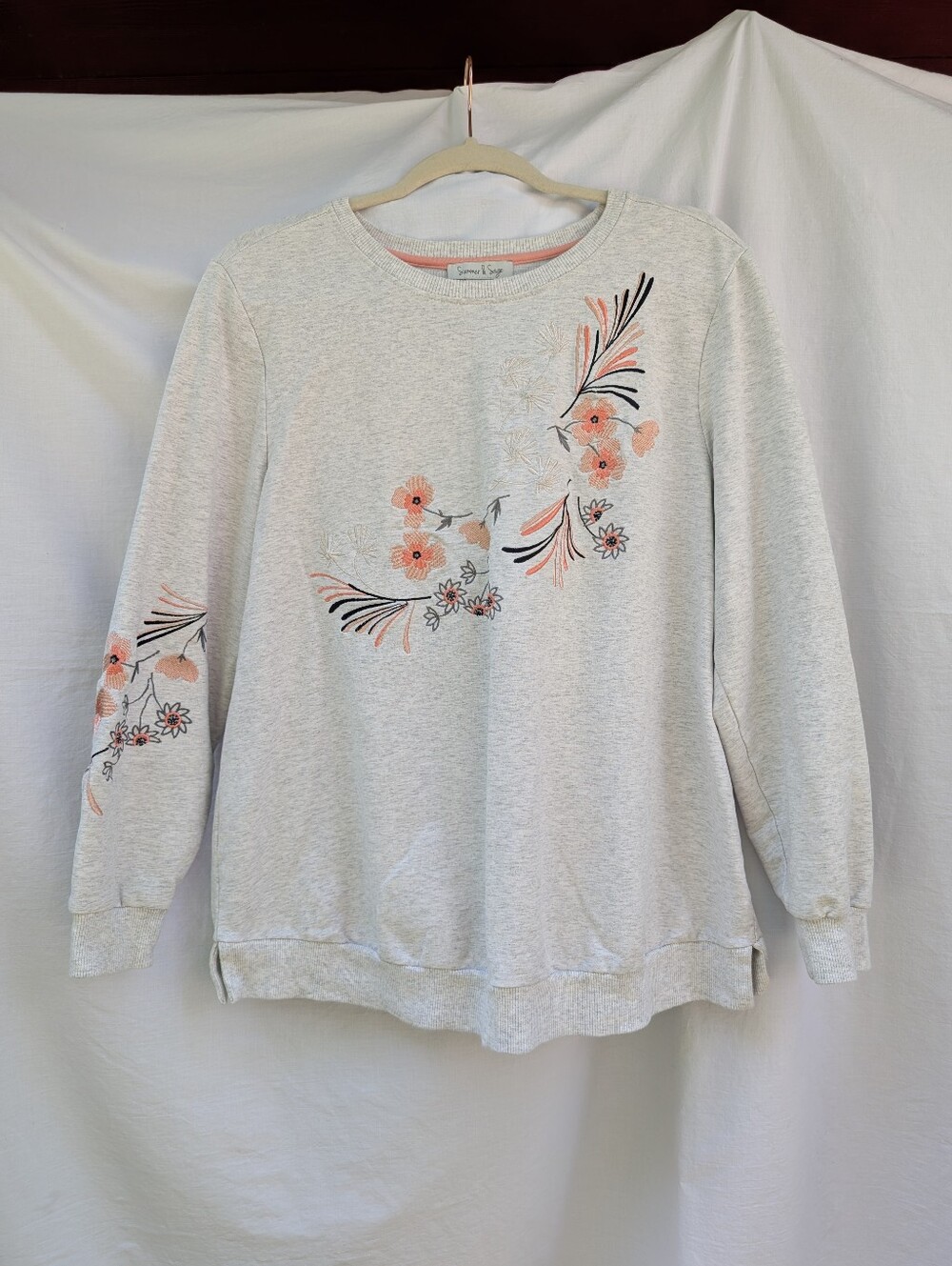 Summer & Sage Maternity Cotton Crewneck Embroidered Sweatshirt Grey Sz L